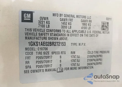 2011 GMC Yukon Sle из США, поврежденный, VIN 1GKS1AE02BR272153